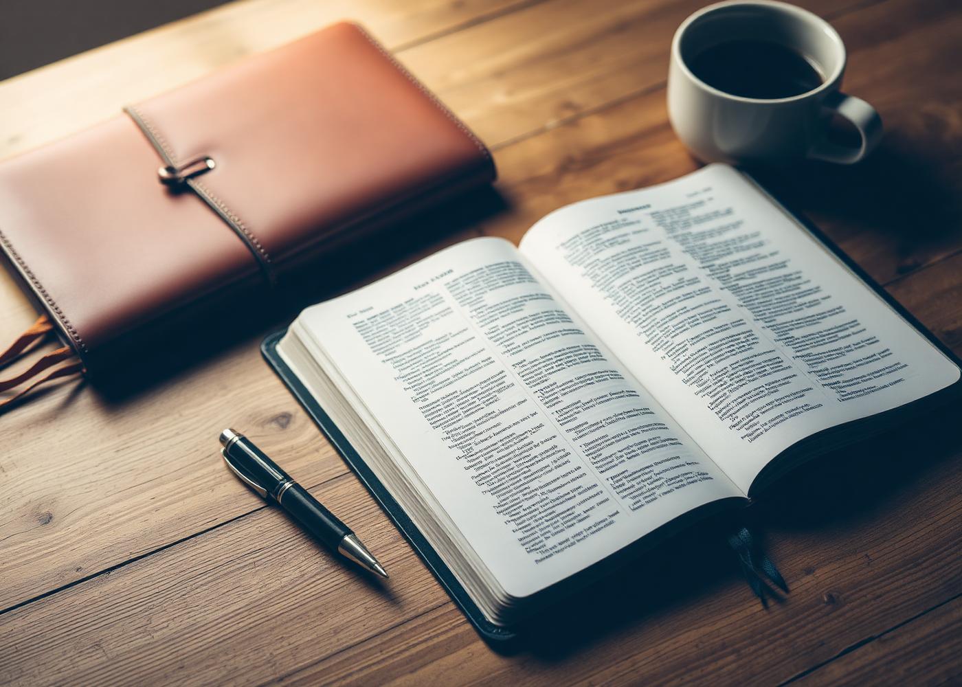 Open Bible on a wooden desk with a leather notebook and coffee